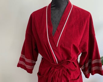 RAUL - vintage velour cranberry dressing gown, burgundy bathrobe, striped embroidery, retro sleaze loungewear (1970s)