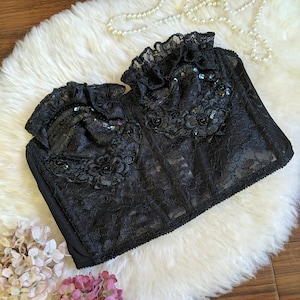 GWEN - Top estilo bustier vintage de encaje negro intenso, lentejuelas y bordados con cuentas, glamoroso sujetador burlesco de corte largo sin tirantes, lencería de encaje (década de 1980)