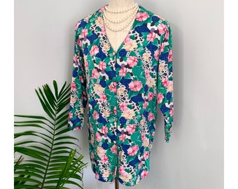 VICTORIA - vintage floral silk nightshirt, retro Victoria’s Secret tunic top, mini dress, retro lingerie loungewear (1980s 1990s)