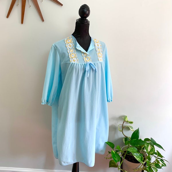 BUFFY - vintage pastel blue nightgown, mod trapeze nightie, gold floral trim, boho hippie mini dress (1960s)