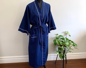 GERTRUDE - vintage navy dressing gown, unisex bath robe, white piping, cozy breathable retro housecoat, cool loungewear (1970s)
