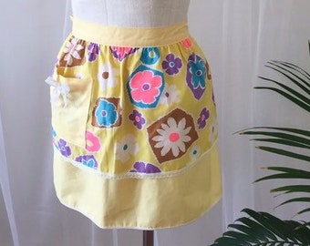 Vintage Reversible Hostess Apron, Psychedelic Yellow Floral Cotton, Lacy Trim (1960s 1970s)