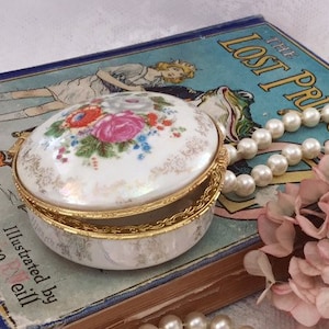 FLORAL JEWELRY DISH - iridescent ceramic trinket dish, gold-tone findings, retro cosmetics container, boudoir vanity decor (1970s 1980s)