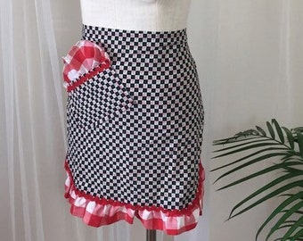 CHERRY CHECKERBOARD APRON - vintage cherry print hostess-apron, red gingham ruffles, retro pin-up (1950s 1960s)