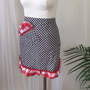CHERRY CHECKERBOARD APRON - vintage cherry print hostess-apron, red gingham ruffles, retro pin-up (1950s 1960s)