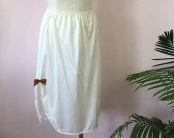 BARBARA - vintage nylon skirt slip, textured ivory half-slip, copper satin bow, retro pin-up lingerie intimates (1970s 1980s)