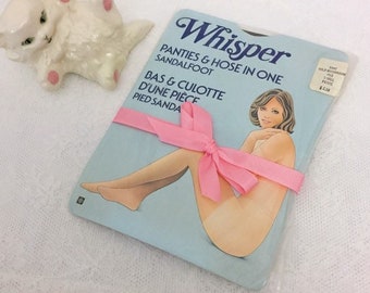 WHISPER PANTY HOSE - vintage nylon stockings, novelty packaging deadstock hosiery, retro pinup (1960s 1970s)