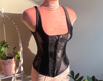 CELIA - vintage inky black satin bustier, corset back shaping top, pastel pink, romantic restored lingerie basque (1980s 1990s)