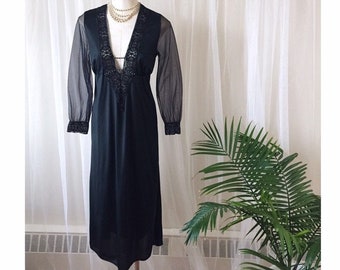 JAYNE - vintage inky black negligee, deep v nightgown with sheer sleeves, rhinestone details, Movie Star pin-up lingerie (1960s)