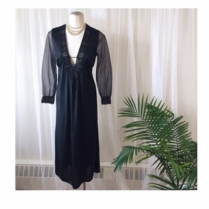 JAYNE - vintage inky black negligee, deep v nightgown with sheer sleeves, rhinestone details, Movie Star pin-up lingerie (1960s)