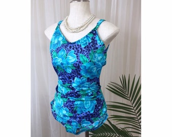 BLUE LEOPARD SWIMSUIT - vintage bombshell bathing suit, turquoise roses one piece retro swimwear, ruched skirt, pinup (1980s does 1950s)