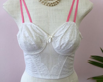 KITT - vintage longline bra, white lace overwire bustier, pink straps, midcentury pinup lingerie (1950s)