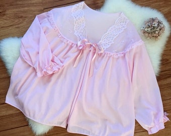 JENNY - Vintage Pink Nylon Bedjacket, Pastel Lace Trim Loungewear Top (1950s 1960s) VOLUP