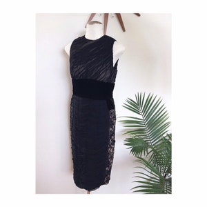BOMBSHELL WIGGLE DRESS, vintage inky black cocktail gown, gathered chiffon velvet and lace, couture midcentury pencil (1940s 1950s)