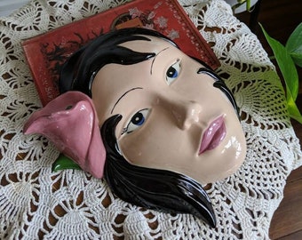 VINTAGE LADY HEAD - ceramic wall hanging, black hair blue eyes lily, collectible hand painted décor, retro kitsch (1960s 1970s)