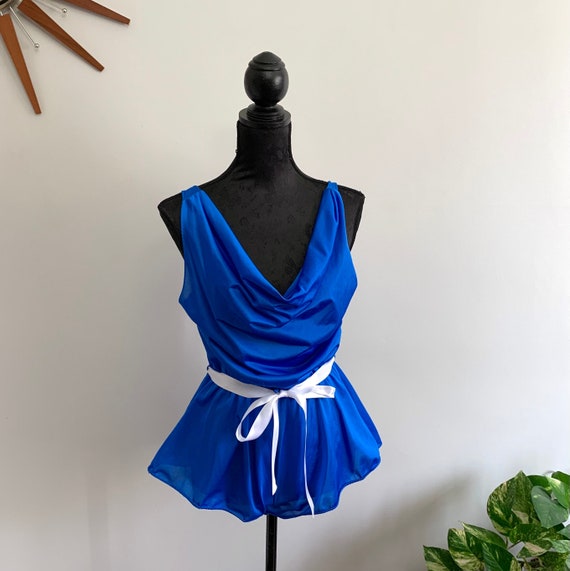 FANNIE - vintage royal blue teddy, cowl neck sati… - image 1