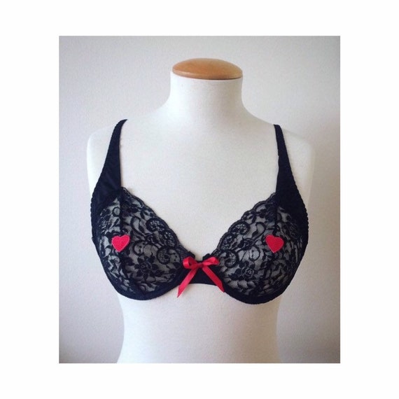 TONI Vintage Sheer Lace Bra, Inky Black Soft Cup Brassiere, Red