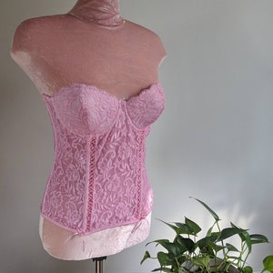 DONYALE vintage hand dyed peony pink lacy bustier, strapless corset top, retro pinup foundation shape wear, push up bra 1990s does 1950s 画像 2