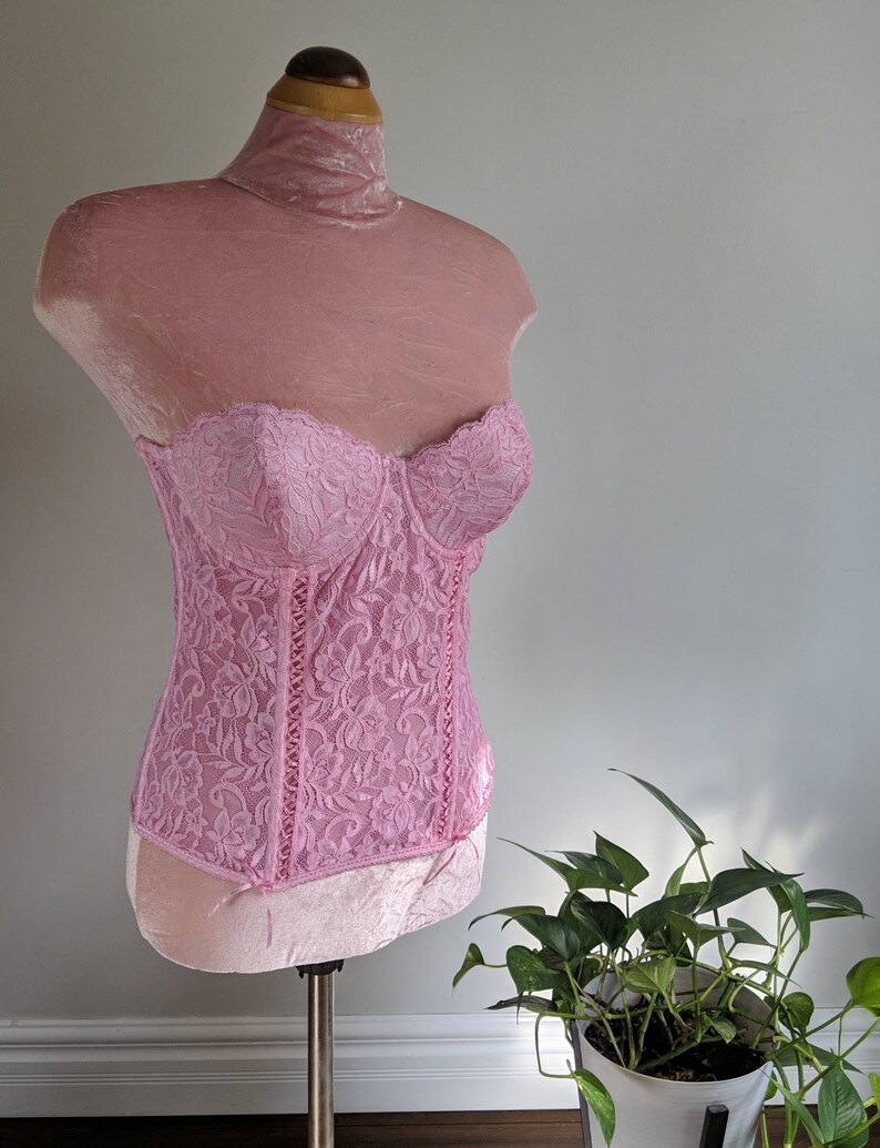 DONYALE vintage hand dyed peony pink lacy bustier, strapless corset top, retro pinup foundation shape wear, push up bra 1990s does 1950s 画像 2