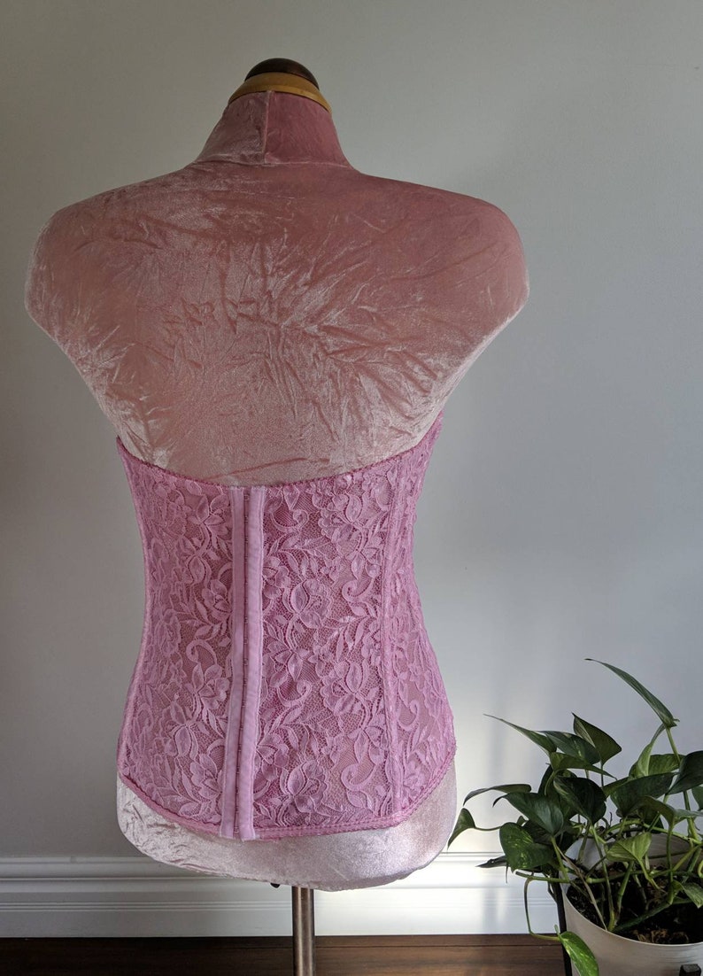 DONYALE vintage hand dyed peony pink lacy bustier, strapless corset top, retro pinup foundation shape wear, push up bra 1990s does 1950s 画像 7