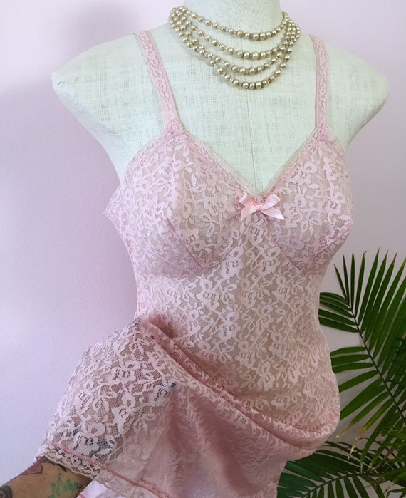 CLORA Vintage Pink Lacy Full Slip, Retro Sheer Floral Lace Slip