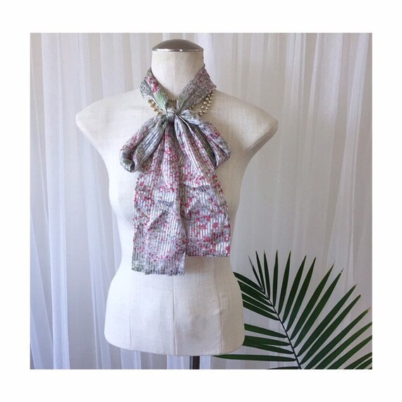 STRIPED PUSSYBOW SCARF, vintage silk satin floral… - image 1
