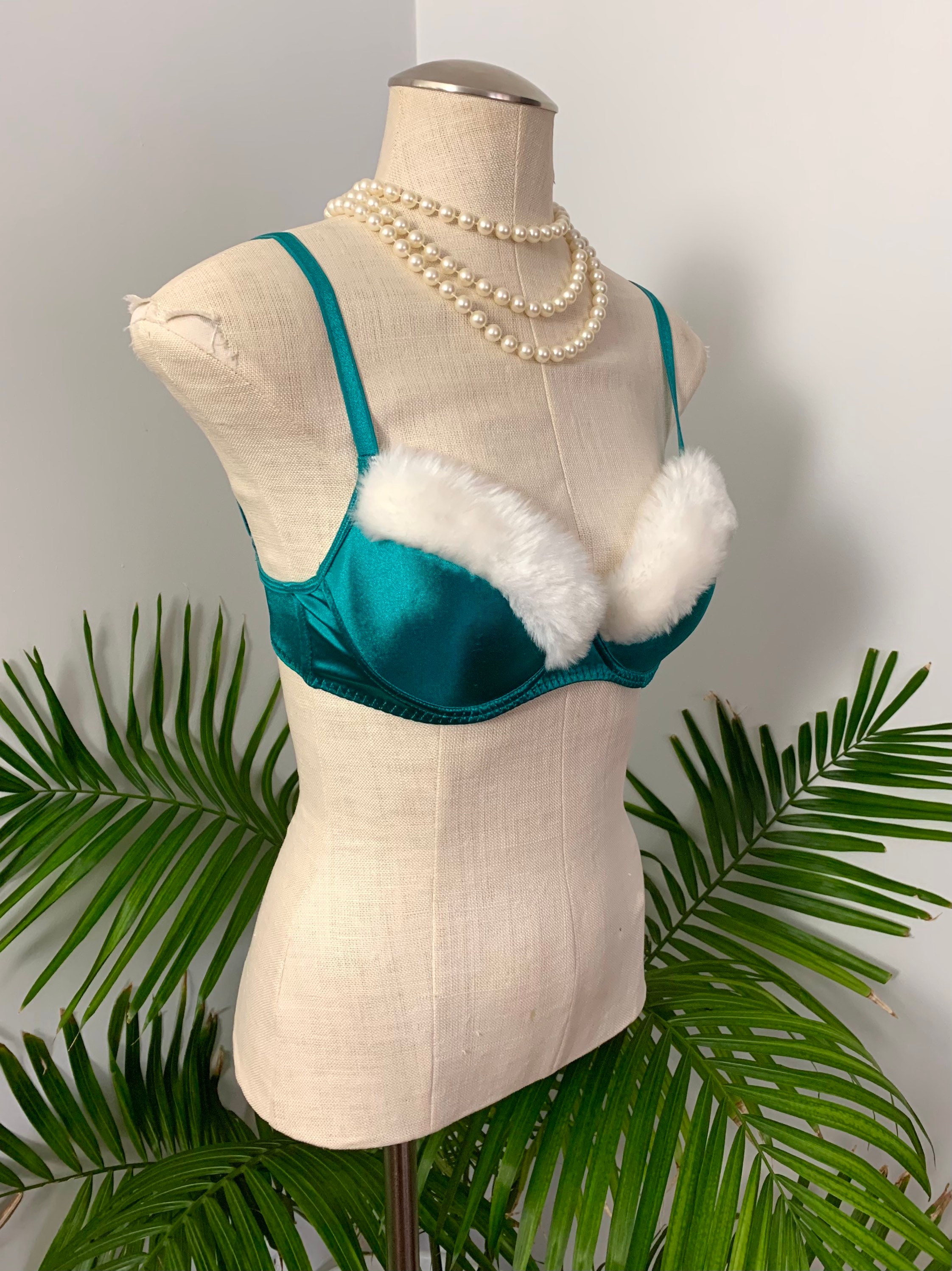 VINTAGE HOLIDAY BRA Teal Green Satin Bra With Faux Fur Trim, Xmas Winter  Lingerie, Retro Chic Pinup Style Brassiere 1990s 