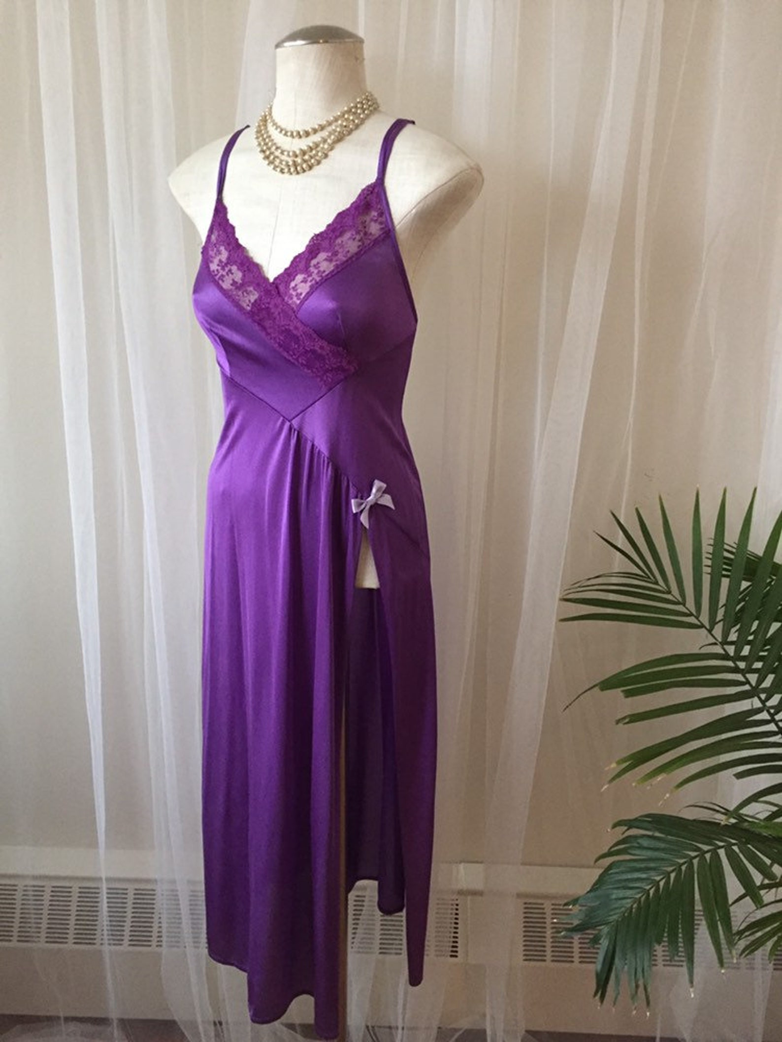 JESSICA vintage purple satin negligee high slit night gown | Etsy