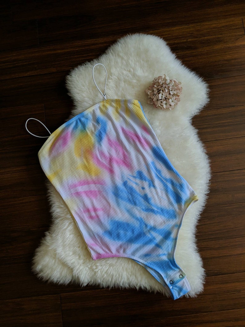 BEVERLY vintage 80s tie dye bodysuit, colorful ribbed cotton lingerie teddy, retro cozy cute lingerie onesie 1980s image 4