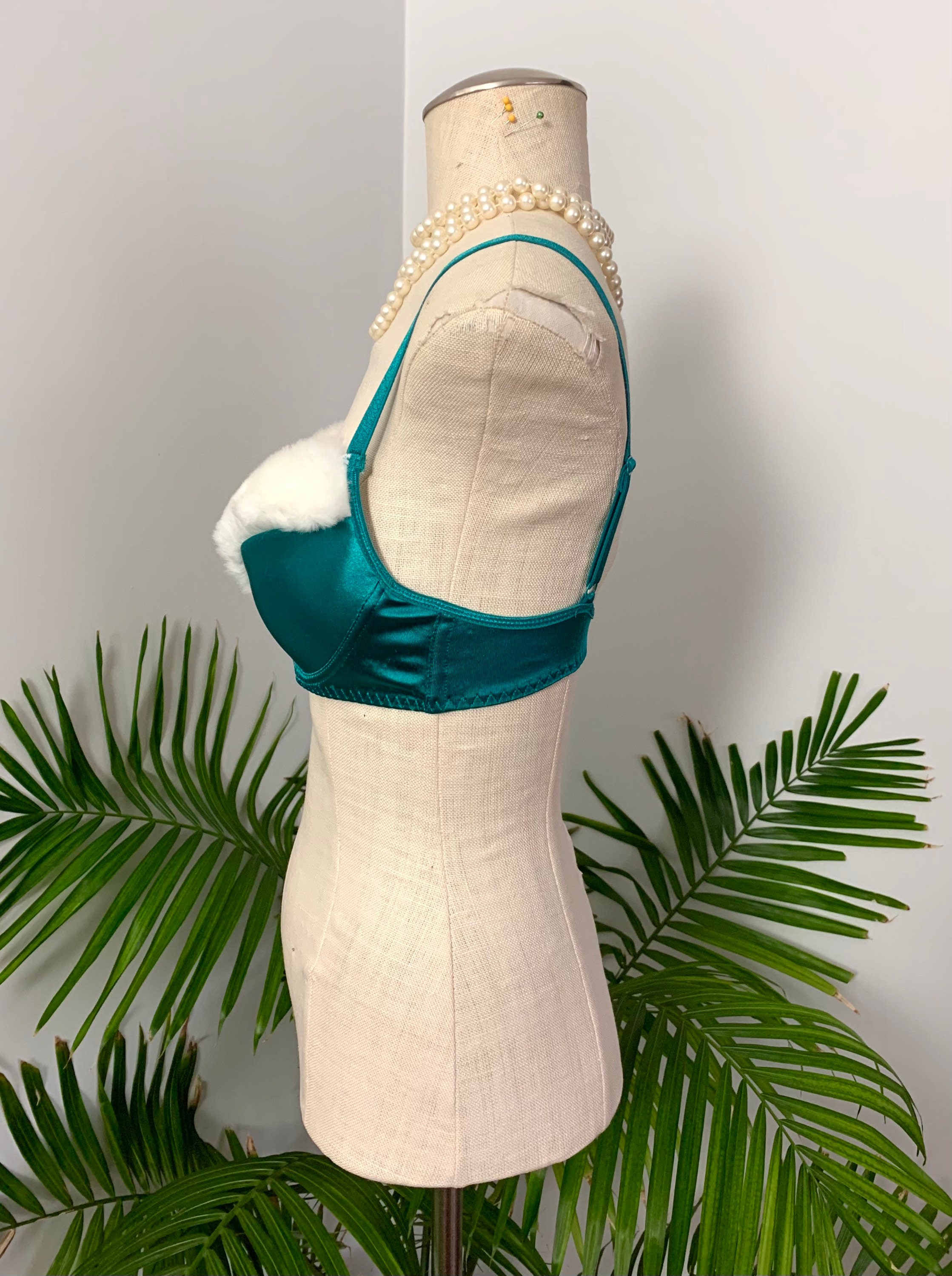 VINTAGE HOLIDAY BRA Teal Green Satin Bra With Faux Fur Trim, Xmas Winter  Lingerie, Retro Chic Pinup Style Brassiere 1990s 