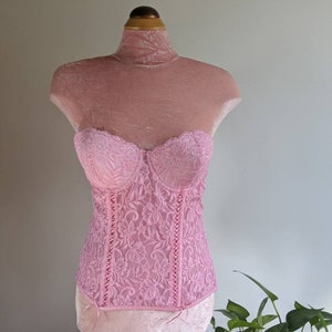 DONYALE vintage hand dyed peony pink lacy bustier, strapless corset top, retro pinup foundation shape wear, push up bra 1990s does 1950s 画像 3