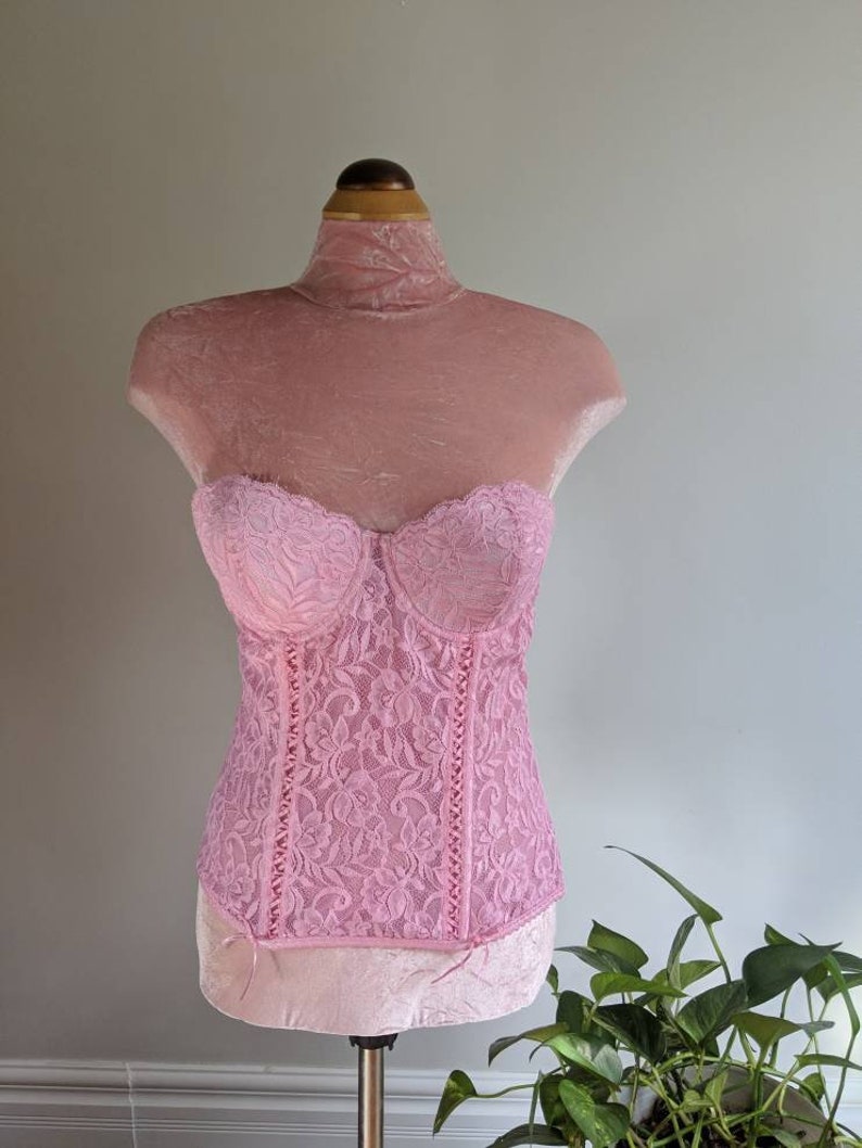 DONYALE vintage hand dyed peony pink lacy bustier, strapless corset top, retro pinup foundation shape wear, push up bra 1990s does 1950s 画像 3
