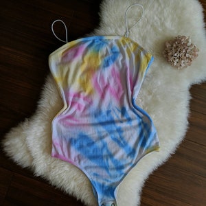 BEVERLY vintage 80s tie dye bodysuit, colorful ribbed cotton lingerie teddy, retro cozy cute lingerie onesie 1980s image 3