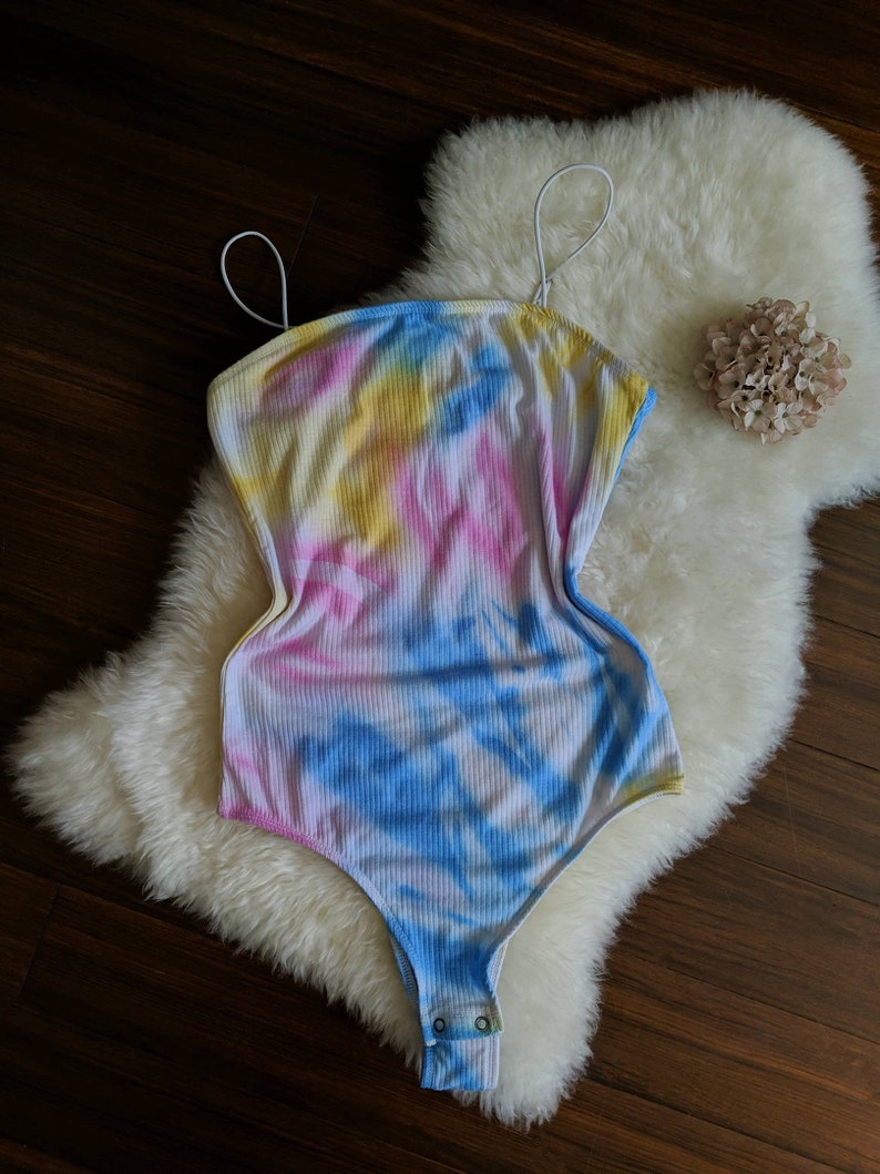 BEVERLY vintage 80s tie dye bodysuit, colorful ribbed cotton lingerie teddy, retro cozy cute lingerie onesie 1980s image 3