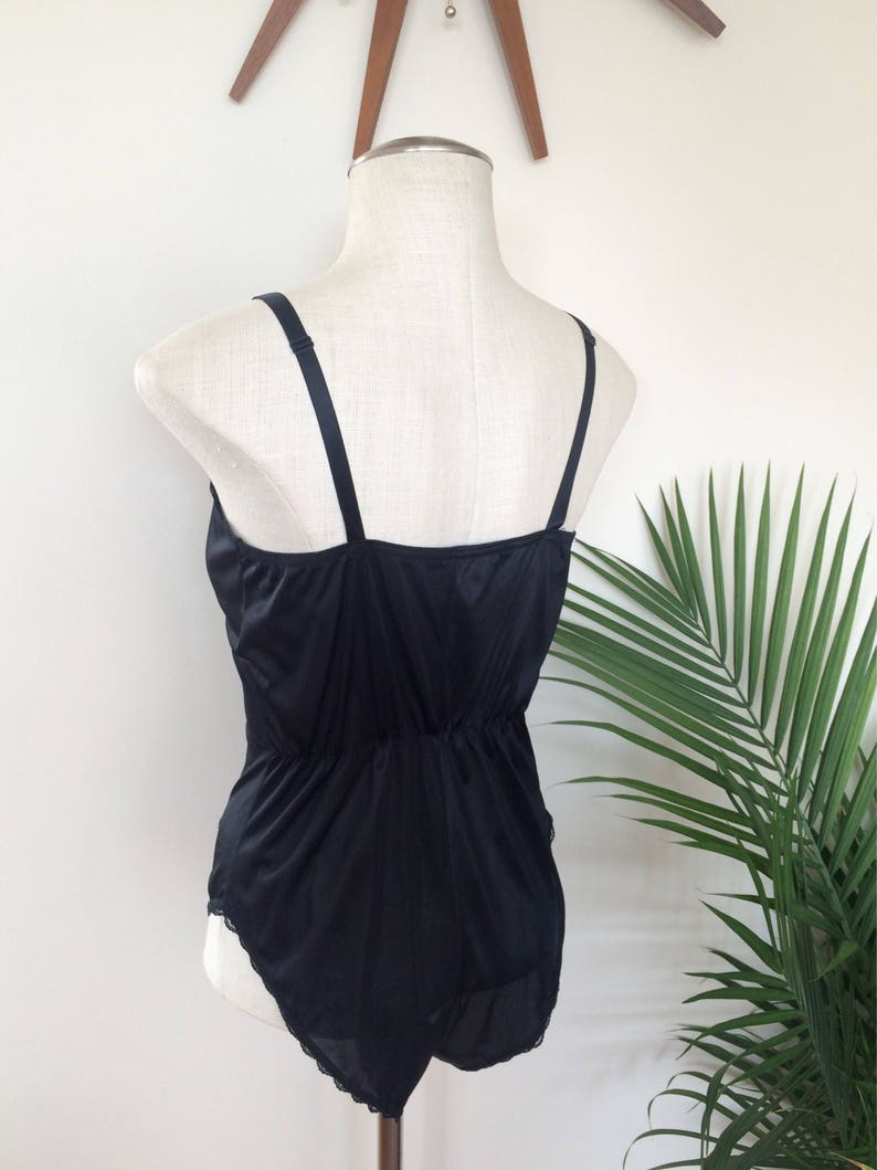 inky black lace trim pin up lingerie EARTHA 1960s retro bodysuit vintage satin teddy