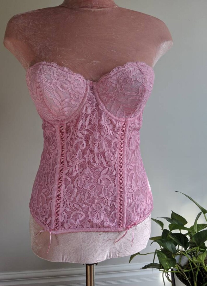 DONYALE vintage hand dyed peony pink lacy bustier, strapless corset top, retro pinup foundation shape wear, push up bra 1990s does 1950s 画像 4