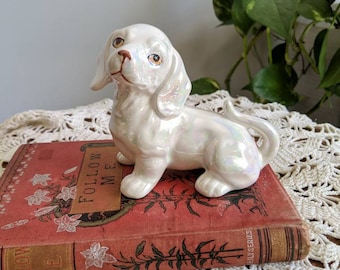 CERAMIC PUPPY FIGURINE - vintage iridescent wiener dog, sad eyes cute, kitsch rainbow glaze collectible décor (1970s 1990s)