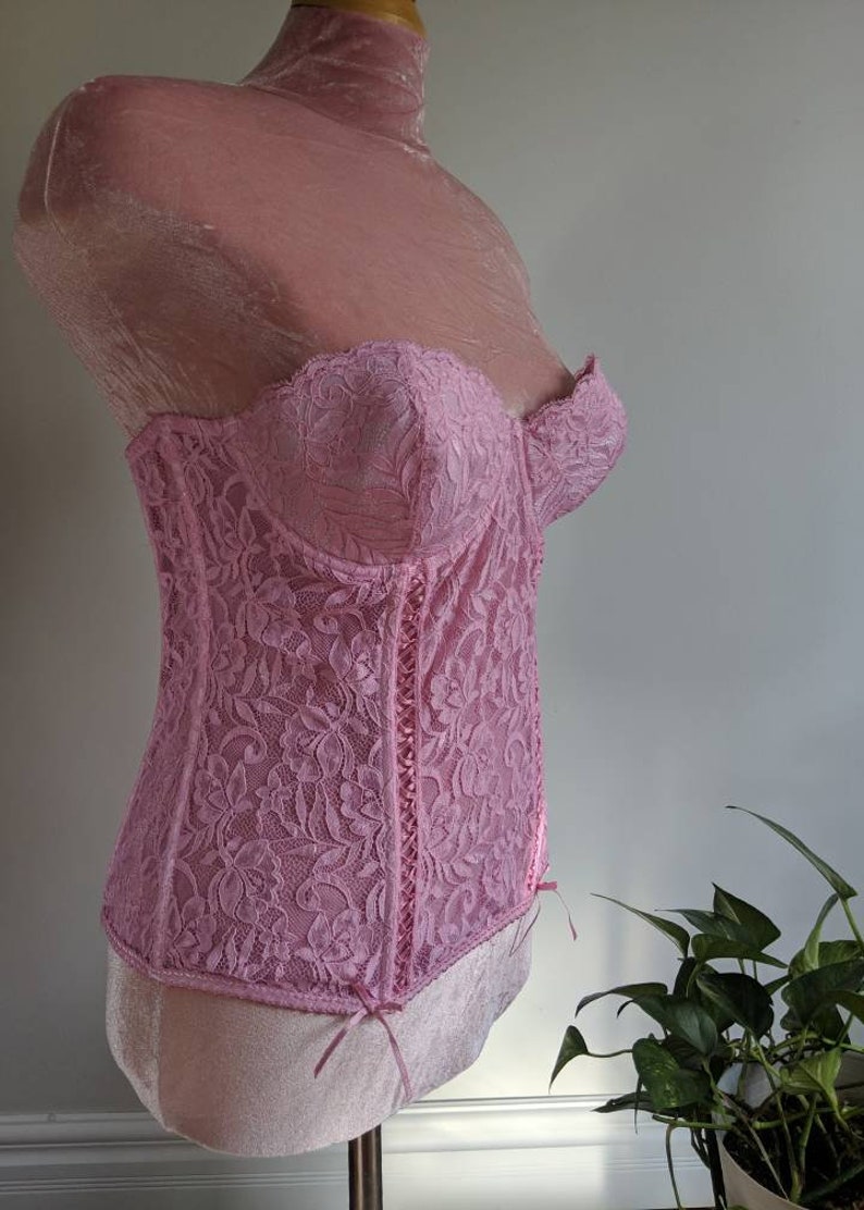 DONYALE vintage hand dyed peony pink lacy bustier, strapless corset top, retro pinup foundation shape wear, push up bra 1990s does 1950s 画像 6