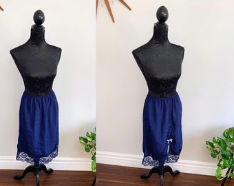 SACHEEN - vintage navy blue skirt slip, textured nylon satin half slip, lacy trim, small pastel bow, retro pin-up lingerie