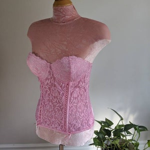 DONYALE vintage hand dyed peony pink lacy bustier, strapless corset top, retro pinup foundation shape wear, push up bra 1990s does 1950s 画像 5