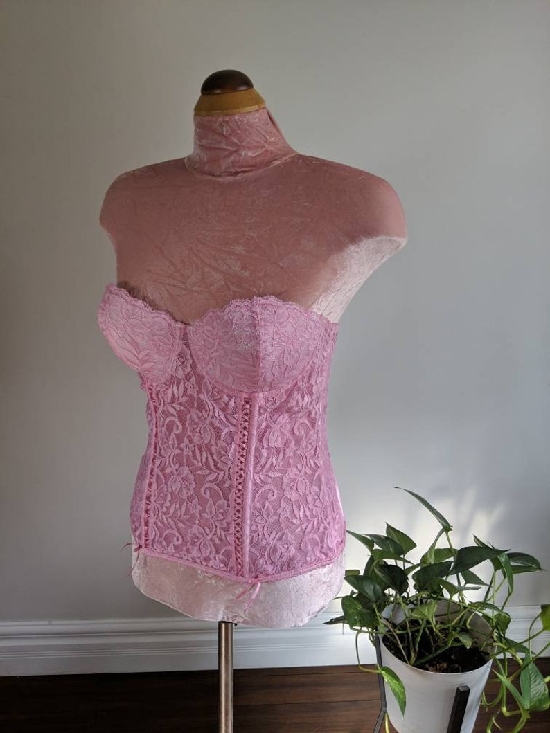 DONYALE vintage hand dyed peony pink lacy bustier, strapless corset top, retro pinup foundation shape wear, push up bra 1990s does 1950s 画像 5