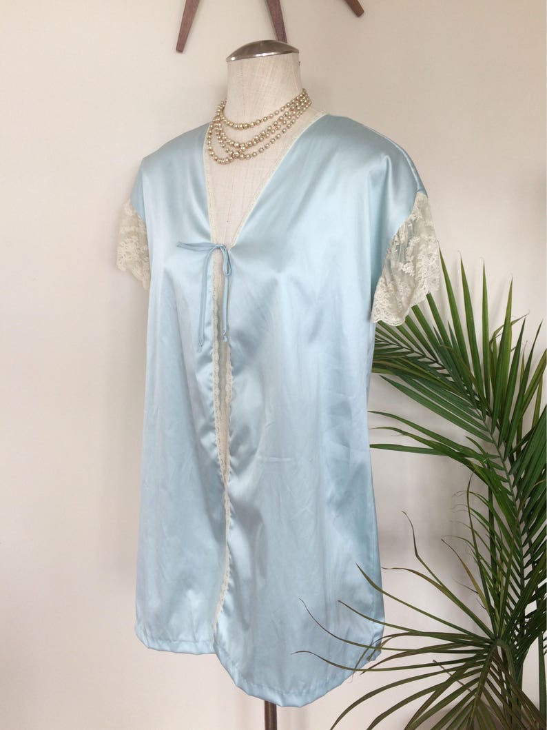 robins egg blue satin 1920s 1980s delicate ivory lace vintage peignoir set negligee and robe TRACEY