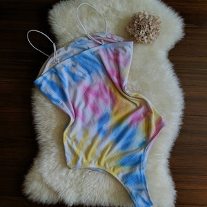 BEVERLY vintage 80s tie dye bodysuit, colorful ribbed cotton lingerie teddy, retro cozy cute lingerie onesie 1980s image 6