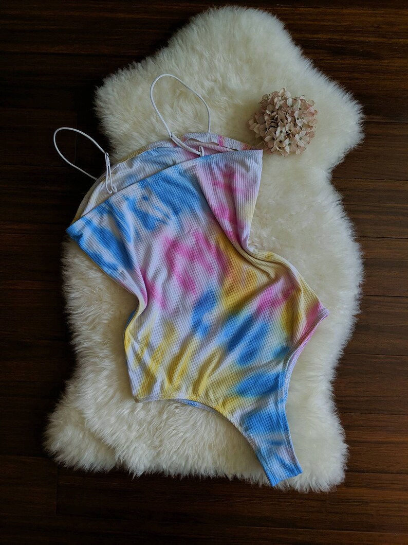 BEVERLY vintage 80s tie dye bodysuit, colorful ribbed cotton lingerie teddy, retro cozy cute lingerie onesie 1980s image 6