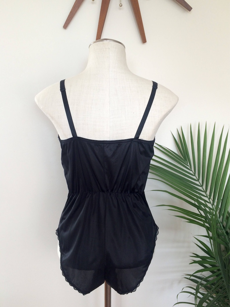 inky black lace trim pin up lingerie EARTHA 1960s retro bodysuit vintage satin teddy