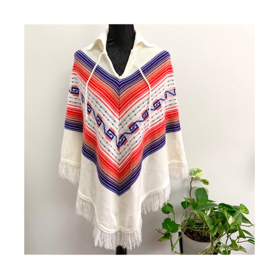 Vintage Fringed Poncho, Cream Acrylic Knit Geometric Stripe Shawl with Collar (1960s 1970s)