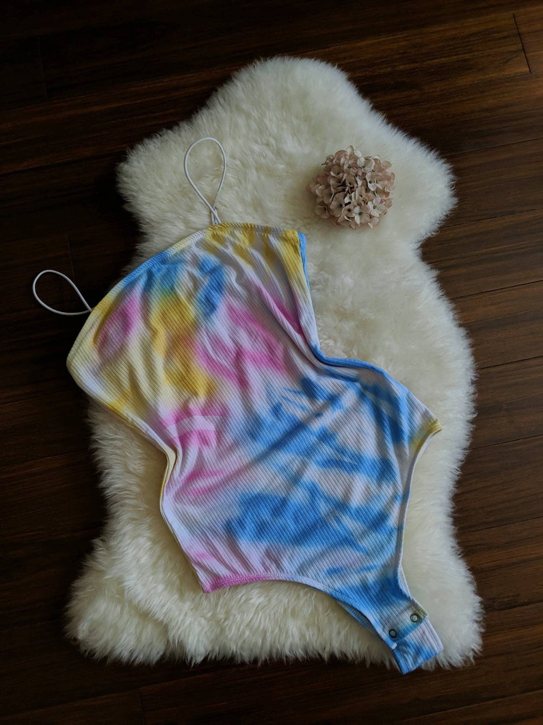 BEVERLY vintage 80s tie dye bodysuit, colorful ribbed cotton lingerie teddy, retro cozy cute lingerie onesie 1980s image 1