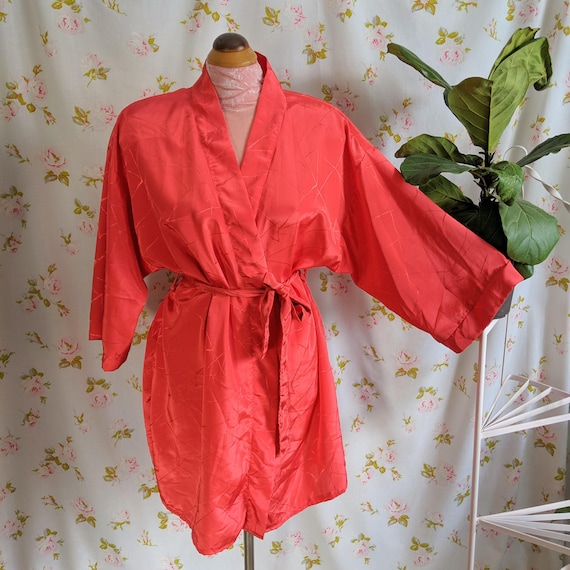 GOOGOOSH - vintage satin textured robe, lipstick red short wrap dressing gown, simple elegant coverup, classic curve lingerie (1980s 1990s)