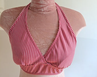 NORMA JEANE - vintage gingham pin-up bikini top, cute red and white retro chic summer bralette, halter neck tie back (1980s does 1950s)