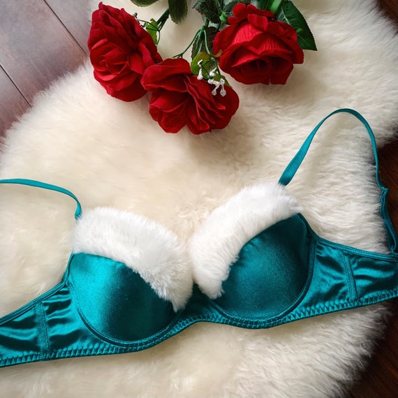 VINTAGE HOLIDAY BRA Teal Green Satin Bra With Faux Fur Trim, Xmas Winter  Lingerie, Retro Chic Pinup Style Brassiere 1990s 